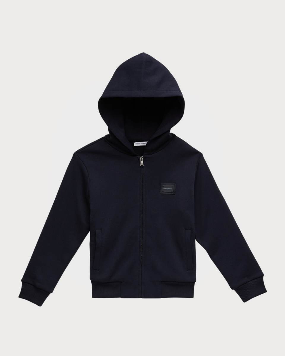 Boy's Logo-Plaque Zip-Front Hoodie, Size 4-6